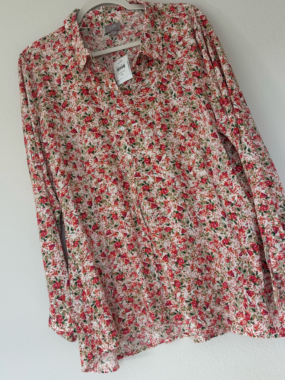J. Jill Cream Button-Down Blouse with Red Floral Print